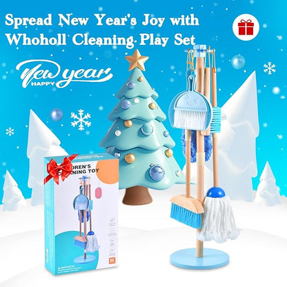 WHOHOLL Wooden Toddler Cleaning Set, Blue Toys Montessori Toys for 3+ Years Old Boy, Housekeeping Play Set Includes Broom Mop Duster Dustpan Sponge and Organizing Stand, STEM Skill Developmental Gift