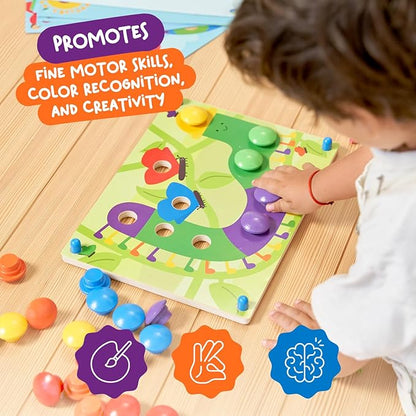 Nene Toys Wooden Color Matching Puzzle for Toddlers 2+ Years – Montessori Pegboard Button Game with Wooden Nails & Cards – Educational Toy for 2 3 Year Old Boys Girls – Fine Motor Skill Learning