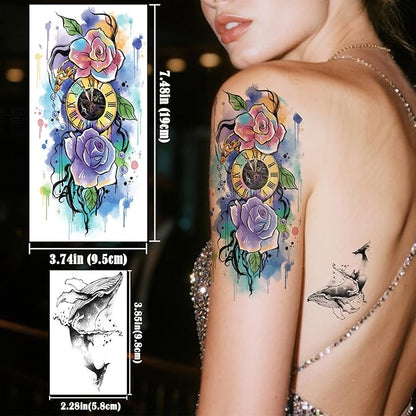 77 Sheets Nature Animal Temporary Tattoo for Women Men, 17 Sheets Half Arm Large Lion Flower Owl Fake Tattoos, 60 Sheets Butterfly Clock Black Tiny for Adult Kids Body Tattoos Stickers Realistic