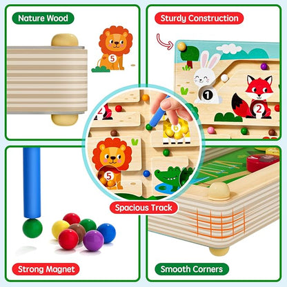 Magnetic Maze 2 in 1 Double Side Color and Number Maze Alphabet Puzzle Board for 3-5 Boys and Girls Kids Montessori Educational Toys (Zoo, One Size)