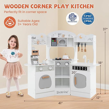 HONEY JOY Corner Play Kitchen, Toddler Wooden Toy Kitchen Set w/Lights, Coffee Maker, Microwave, Sink, Faucet, Little Chef Pretend Play Kids Kitchen Playset for Boys Girls (White)