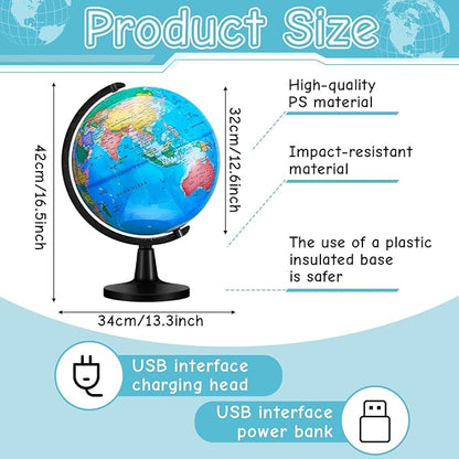 Amylove 13'' Illuminated World Globe for Adults 720°/360° Rotation Rewritable Light Up Globe with Stand World Map for Interactive Learning Light with Base Lamp LED Decor(Lightweight,Classic)