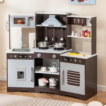 Costzon Corner Kids Kitchen Playset, Wooden Toy Kitchen Set with Range Hood, Ice Maker, Pretend Telephone, Sink, Faucet, Microwave, Oven, Play Kitchen with Lights and Sounds for Toddlers (Brown)