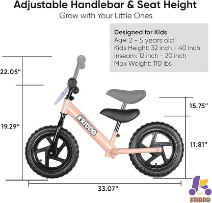 KRIDDO Toddler Balance Bike 2 Year Old, Age 24 Months to 5 Years Old, 12 Inch Push Bicycle with Customize Plate (3 Sets of Stickers Included), Steady Balancing, Gift Bike for 2-3 Boys Girls, Pink