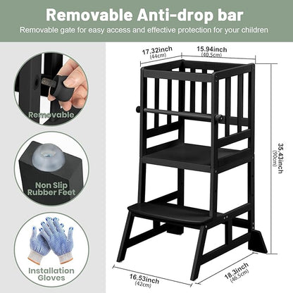COSYLAND Toddler Standing Tower - Adjustable Height Toddler Kitchen Stool Helper - Kids Kitchen Step Stool for Learning with Removable Safety Railing Black