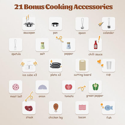 CoziBB Wooden Pretend Play Kitchen Set, Realistic Oven Faucet Microwave Ice Maker BBQ, with Lights & Sounds Features, 21 Accessories, Toys Kitchen for Kids Children Boys Grils, Gift for Ages 3+