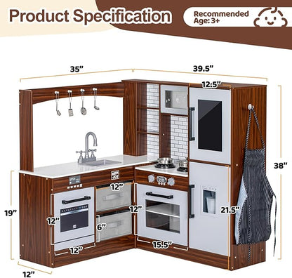 Corner Play Kitchen for Kids, Wooden Toddler Kitchen Playset w/Faucet, Sink, Microwave, Oven, Apron, Blackboard, Storage Cabinets, Pretend Cooking Toys w/Sound & Light Gift for Ages 3+