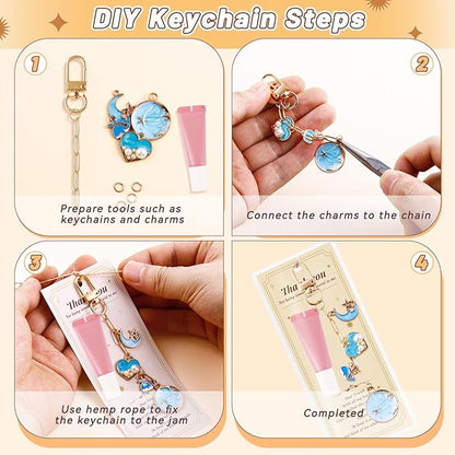 Wurosi 24 Set Lip Gloss Keychain Making Kit, Gold Keychain Clips Hooks with Extender Chain, Cellophane Bags, Thank You Cards, 5M Hemp Rope, for DIY Key Chain Making Crafts