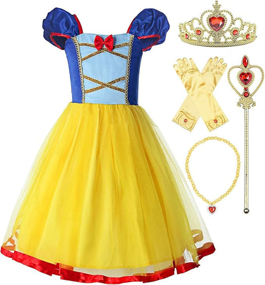 ReliBeauty Girls Elastic Waist Backless Princess Dress Costume with Accessories, Yellow,150