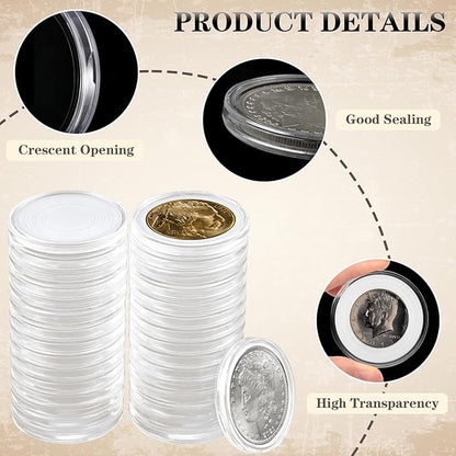 100PCS Silver Dollar Coin Holder, Clear Coin Capsules, Coin Holders for Collectors, Plastic Coin Case for Morgan Silver Dollar, Coin Protectors with Adjustable Gasket (17/20/25/27/30/33/38/40mm)