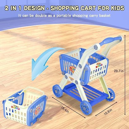 Kids Shopping Cart - 2 in 1 Toy Shopping Cart with Play Food Fruit Vegetable Dessert and Shop Accessories, 72pcs Pretend Play Grocery Store Toy Kitchen Game Trolley Play Set for Kids (Navy Blue)
