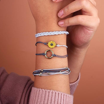 FANCY SHINY Sunflower String Bracelet Boho Braided Rope Wrap Bracelets Cute Summer Beach Surfer Jewelry for Women Christmas Gifts