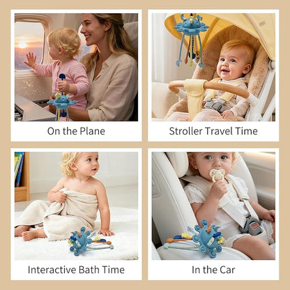 Silicone Baby Sensory Montessori Toys & Pull String Teething Toys for 6-12-18 Months, Toddler Birthday Gift Car Seat Airplane Travel for 1 2 Year Old Boy Girl Infant 8 9 10 Months Old (Blue)