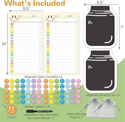 JJPRO Magnetic Dry Erase List Boards for Kids with Smiley Faces Reward Jar- 10" x5.5“ Home Chore Chart for Fridge,Daily Checklist for Toddlers,Reward Jar Positive Behavior Training -Yellow 2Pcs