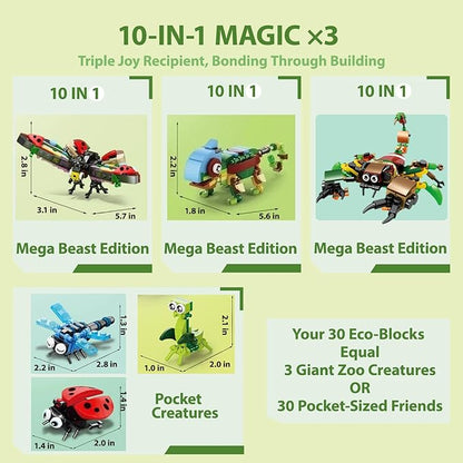 30 Packs Building Blocks Party Favors for Kids, 10 in 1 Mini Animals Building Block Sets for Classroom Prizes, Birthday, Party Favors Return Gifts, Valentines, Easter Gifts (Insects)