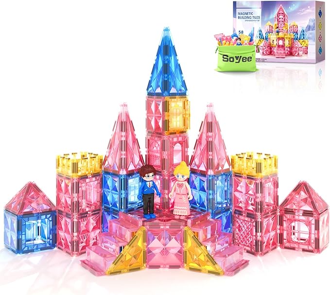 Diamond Magnetic Tiles for Kids: Magnet Building Blocks for Girls & Boys Age 3-8 Princess Castle Toy Birthday Sensory Game 4 5 6 7 8 12 Year Old Learning Classroom Must Have Decor