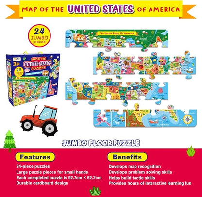 Discover The USA: Extra-Large 24-Piece Floor Puzzle for Kids - Educational Map of America, Colorful States and Landmarks, Ideal for Learning Geography - Fun, Interactive, and Durable Jumbo Puzzle
