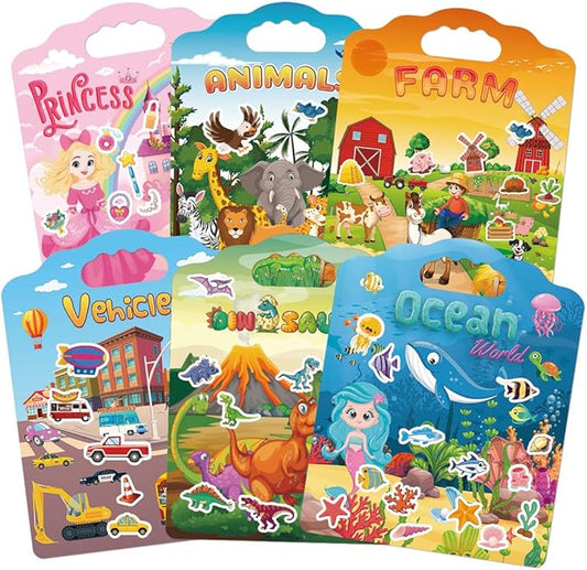 6Set Reusable Sticker Books for Toddlers 2-4 Years, Toddler Sticker Books Ages 1-3, Kids Puffy Activity Book Set Include Animal,Farm,Princess,Vehicles,Ocean,Dinosaurs