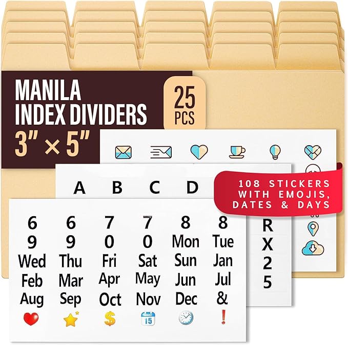 25 Heavyweight Manila Index Card Box Dividers - 3x5 with Tabs & 108 Stickers, Monthly & Recipe Guides, Greeting Card Dividers