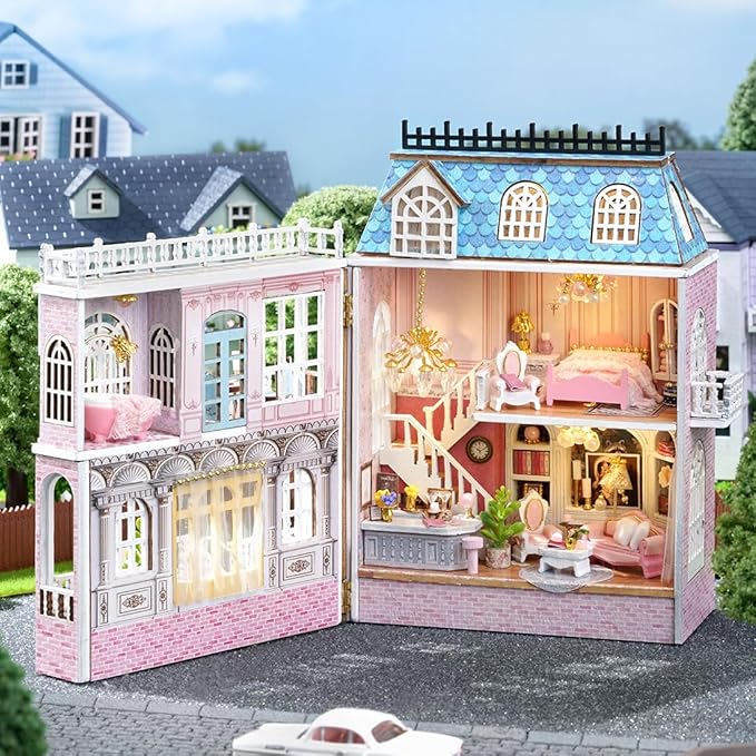 CUTEROOM Wooden Miniature House Kit - DIY Tiny House Making Kit with Furniture, Dollhouse Gift for Women and Girls (Romantic Castle)