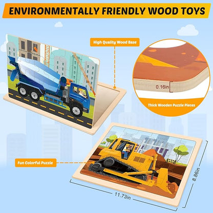 Wooden Puzzles for Kids Ages 4-6, 4 Packs 24 PCS Construction Vehicle Jigsaw Puzzles for Kids Ages 3-5, Preschool Educational Puzzles Boards Toys Gifts for Boys Girls