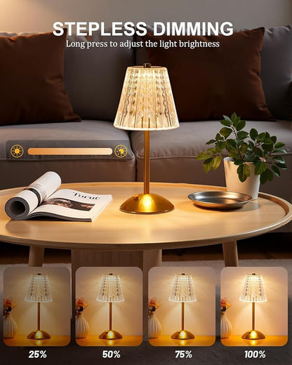 Cordless Touch Table Lamp, 3500mAh LED Rechargeable Small Dask Lamp, 3 Colors Dimmable Battery Operated Crysta Lamp for Bedroom Restaurant Kitchen Home Decor, Gold, 2pcs