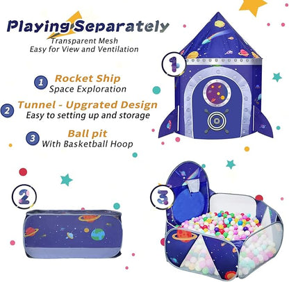 TTLOJ Gift 3pc Rocket Ship Kids Play Tent, Ball Pit, Crawl Tunnel, Toddlers Playhouse Castle Toys, Baby Boys Girls Gift for 3 4 5 6 7 Year Old, Outdoor Indoor(Balls Not Included)