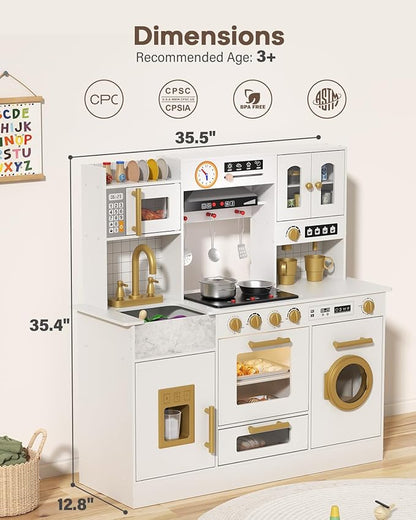 BIERUM Wooden Play Kitchen for Kids Ages 3-8 with Lights & Sounds, Pretend Play Kitchen Set with Stove, Ice Maker, Coffee Maker, Oven & Accessories, Toddler Kitchen Playset for Boys and Girls (White)
