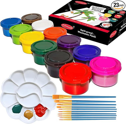 Washable Paint Set for Kids 12 Colors，Solid Watercolor Paint Set，Finger Painting for Toddlers，Washable Tempera Paint with Paint Palette and 10 Toddler Paint Brushes