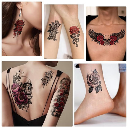 77 Sheets Skull Rose Temporary Tattoos, Lotus Flower Butterfly Half Arm Realistic Fake Tattoos Stickers for Adult Women Men Kids