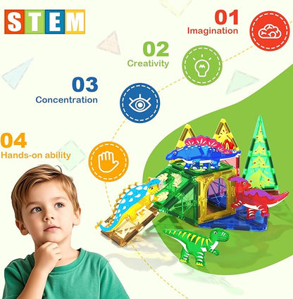 Dinosaur Toys Magnetic Tiles Jurassic Scenes Dinosaur World, Magnetic Blocks STEM Sensory Toddler Kids Games, Creative Toys Gifts for 3+ Years Old Boys Girls for Kids 3-5 5-7