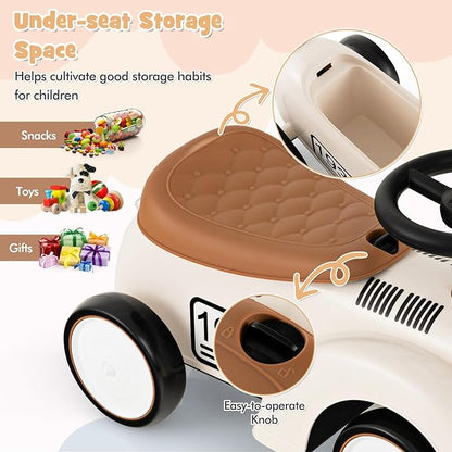HONEY JOY Ride On Push Car, Outdoor Toddler Riding Toys w/Steering Wheel, Horn & Storage, Foot-to-Floor Sliding Car, No Batteries, Retro Baby Ride On Toys for Boys and Girls (White)