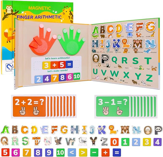 2 in 1 Preschool Learning Toys, Educational Number Counting for Kids, Portable Animals Magnetic Alphabet Letters Learning Board, Homeschool Supplies for Math Manipulates and Learning Spelling.
