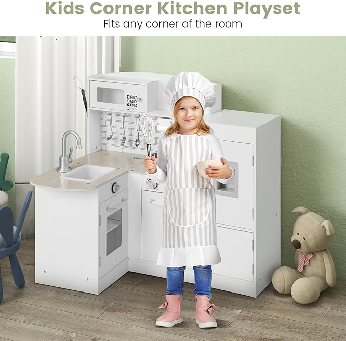 Costzon Corner Kids Kitchen Playset, 8-in-1 Wooden Toy Kitchen Set with Realistic Microwave, Oven, Stove, Refrigerator, Range Hood, Pretend Play Kitchen for Toddlers Boys Girls