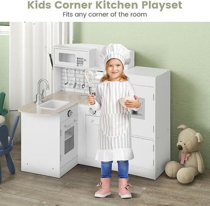 Costzon Corner Kids Kitchen Playset, 8-in-1 Wooden Toy Kitchen Set with Realistic Microwave, Oven, Stove, Refrigerator, Range Hood, Pretend Play Kitchen for Toddlers Boys Girls