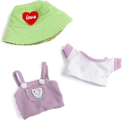 17cm Design Clothes for Labubu Doll - Kawaii Chic Style Set for 17cm Dolls, Cute Doll Outfit with Accessories - Puprle Bear Romper + Purple Shirt + Heart Shaped Green Hat (Clothes Only)
