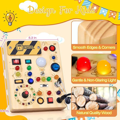 RichBoy Busy Board Toddler Toys Montessori Toys for 1-3 Year Old Boy Girl Birthday Gift for Grandkids, 37 in 1 LED Light Up Sensory Wooden Montessori Switch Board Toy - Learn and Travel (6.7" x 5.3")
