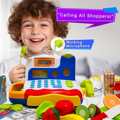 FUNERICA Toy Cash Register - with Large Interactive Coins Great for Toddlers - Scanner, Microphone, Calculator. Includes Grocery Food, Cuttable Fruit, Pretend Play Money - for Toddlers and Kids