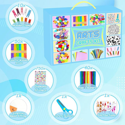 2000 PCS Arts and Crafts Supplies for Kids All-in-1 Craft Kit with Pipe Cleaners Craft Box Set DIY Crafting Supply School Supplies Toys Gifts for Girls Boys Ages 4-6, 6-8, 8-12, Blue