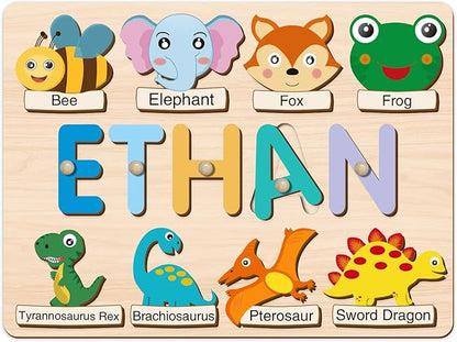 Personalized Name Puzzle for Toddlers 1-3, Custom Wooden Puzzle with Animal Names & Patterns, Montessori Learning Toy, Unique Baby Shower for Boys & Girls