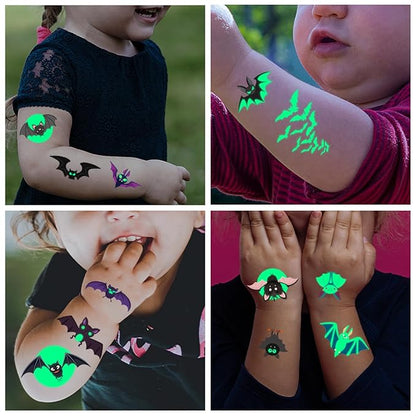 Halloween Luminous Bat Temporary Tattoos for Kids - 10 Sheets Glow In The Dark Halloween Bat Theme Tattoos for Boys and Girls, Halloween Cosplay Face Makeup Accessories Holiday Party Gifts
