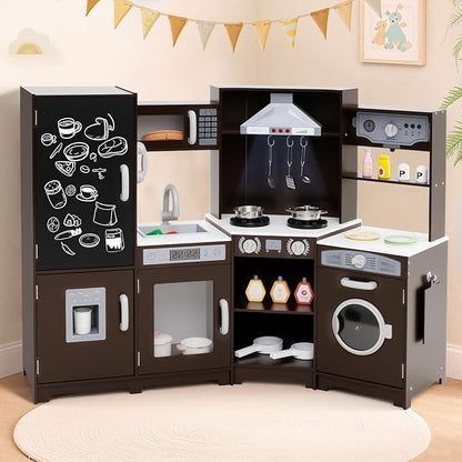 HONEY JOY Corner Play Kitchen, Large Wooden Pretend Toy Kitchen Set w/Lights, Ice & Coffee Maker, Range Hood, Chalkboard, Microwave, Cookware, Little Chef Kids Kitchen Playset for Toddlers (Espresso)