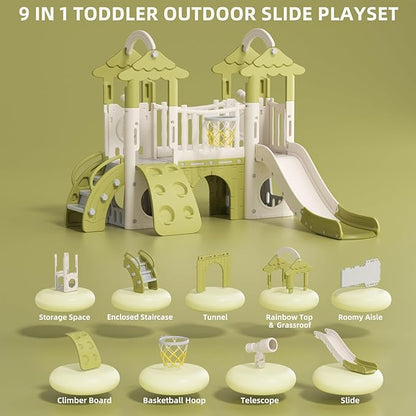 XJD 9 in 1 Toddler Slide, Jungle Slide with Basketball Hoop, Tunnel and Storage Space, Outdoor Indoor for Toddlers Age 1+,Tree House Design Toddlers Outdoor Indoor Playground (Green)