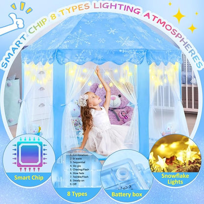 EVOIONOS Frozen Princess Tent for Girls, Kids Play Tent with Snowflake Lights, Castle Playhouse for Children Indoor Outdoor Games, 55 x 53 inches, Blue