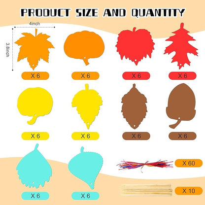 Kasyat 60 Pieces Thanksgiving Scratch Paper Art Set, Fall Scratch Craft Art Colorful Fall Leaves with 60 Pcs Colored Ribbons 10 Pcs Sticks for Kids Autumn DIY Supplies