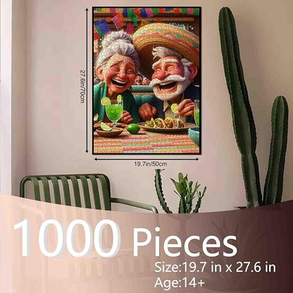 Laughing Old Couple Dining Fiesta 1000 Piece Jigsaw Puzzle for Adults and Students Fun Mexican Style Food Theme Colorful Cartoon Art Decor 20×27 Inches Relaxing Brain Challenge Gift
