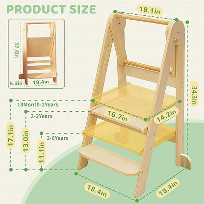 Foldable Toddler Tower 95% Preassembled Kitchen Stool Helper Folding Step Stool for Kids with 3 Adjustable Height Montessori Toddler Standing Tower for Kitchen Counter Sink Natural