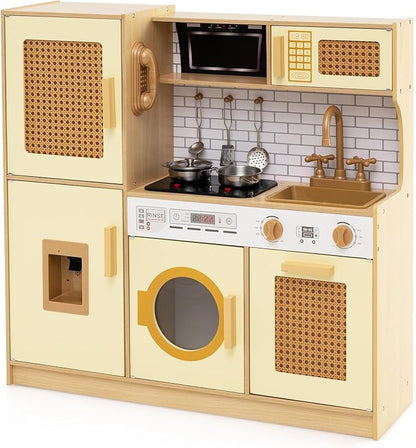 Costzon Kids Kitchen Playset, Wooden Play Kitchen w/Rattan Door, Realistic Lights & Sounds, Water Dispenser, Washing Machine, Cooking Accessories, Montessori Toy for Kids 3+ Year Old (Yellow)