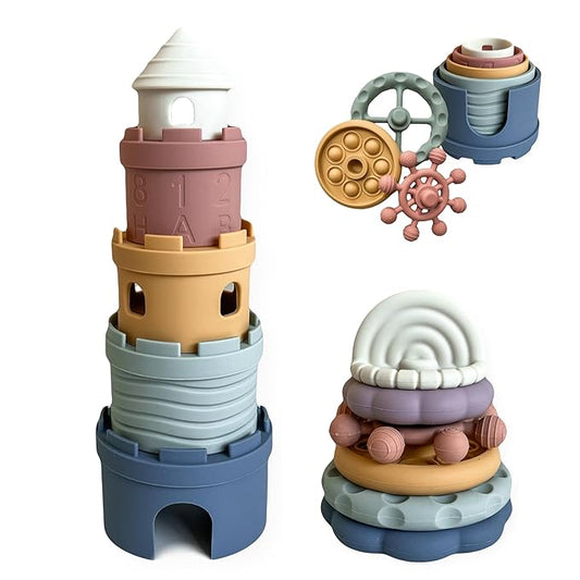 Hippypotamus Baby Stacking Toys - Teething Toys - Stacking Cups - Food-Grade Silicone Teethers - 6+ Months - Soft Bath Toy