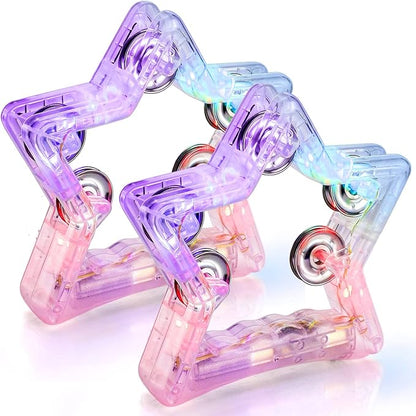 Facmogu 2 Pack Light Up Tambourines W/ 10 Metal Jingles, 3 Modes LED Flashing Musical Tambourine Handheld Percussion Instrument Glow Tambourine for Wedding Party Halloween Christmas Music Stage